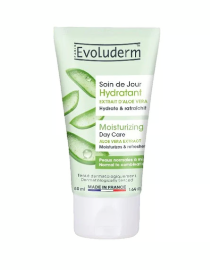Crème hydratante jour Evoluderm pour peaux normales à mixtes, soin de jour BAZARS COSMETIQUES, texture légère et rafraîchissante.