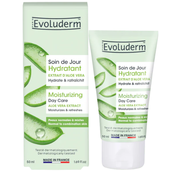 Crème hydratante jour BAZARS COSMETIQUES Evoluderm pour peaux normales à mixtes, texture légère et nourrissante.