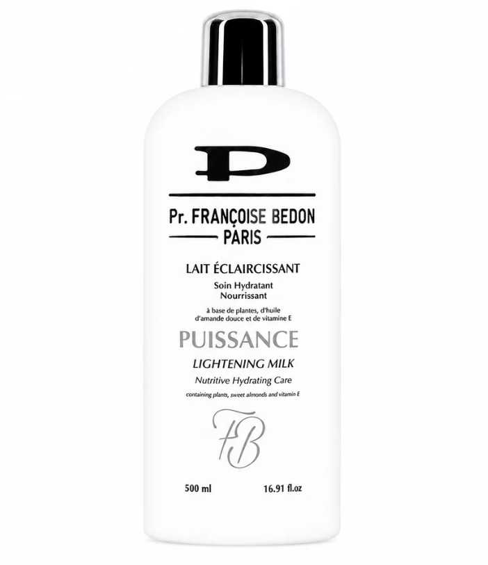 Lait éclaircissant François Bedon pour peaux noires et métissées, flacon blanc avec étiquette, visible en image.