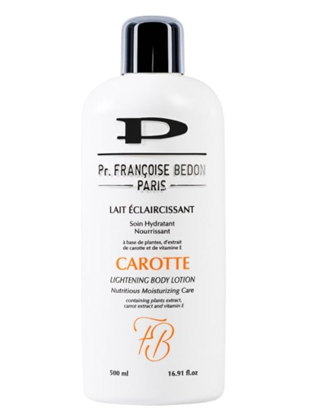 Lait éclaircissant François Bedon pour peaux noires et métissées, flacon blanc avec étiquette, visible sur fond neutre.