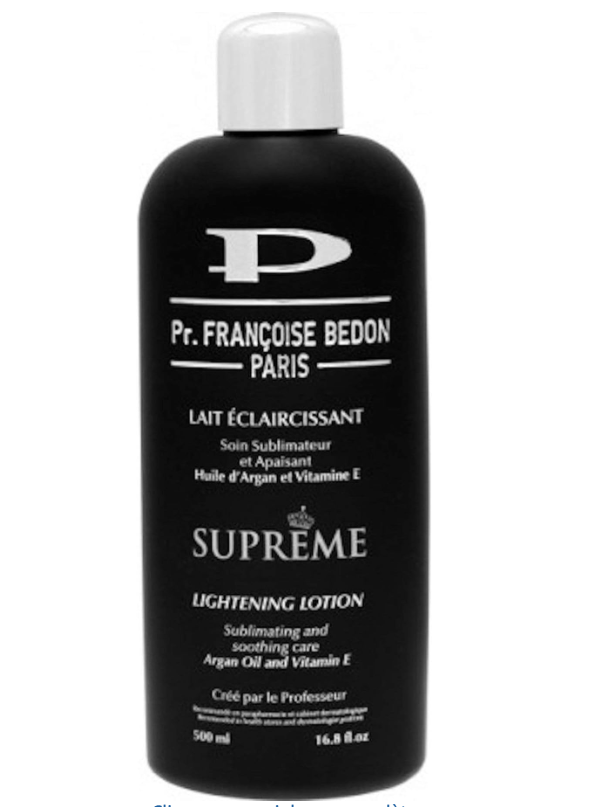 Lait éclaircissant François Bedon pour peaux noires et métissées, texture douce et hydratante visible dans le flacon.