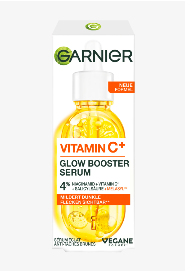 Sérum visage Garnier Skin Active Vitamine C pour l’éclat et la réduction des taches, flacon avec pipette, visible en image.