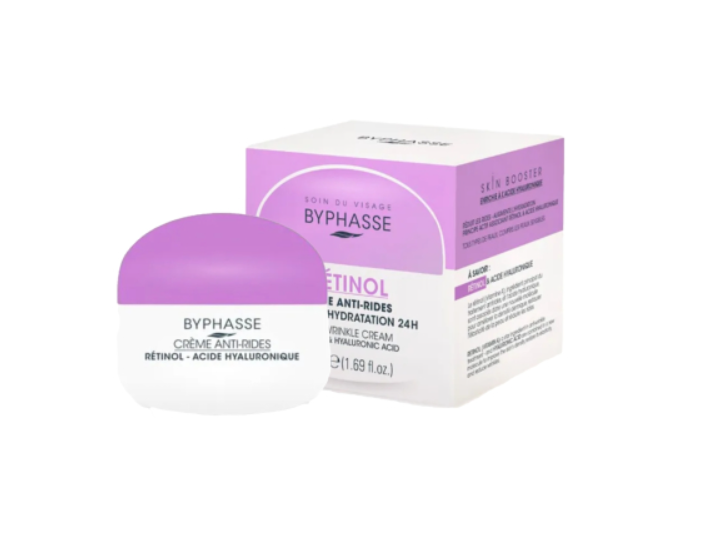 Crème anti-âge Byphasse au rétinol pour la fermeté et l'hydratation, 50ml, texture crémeuse dans un pot blanc.