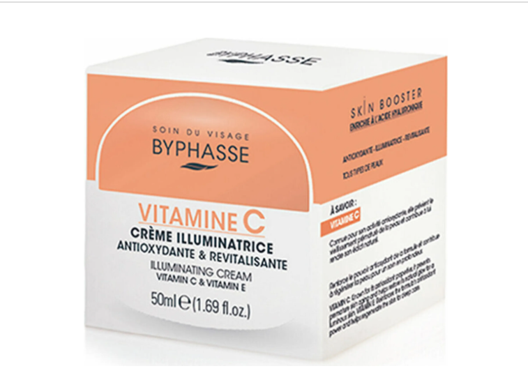 Crème visage Byphasse à la vitamine C pour un teint lumineux, texture douce et hydratante, visible dans l'image.