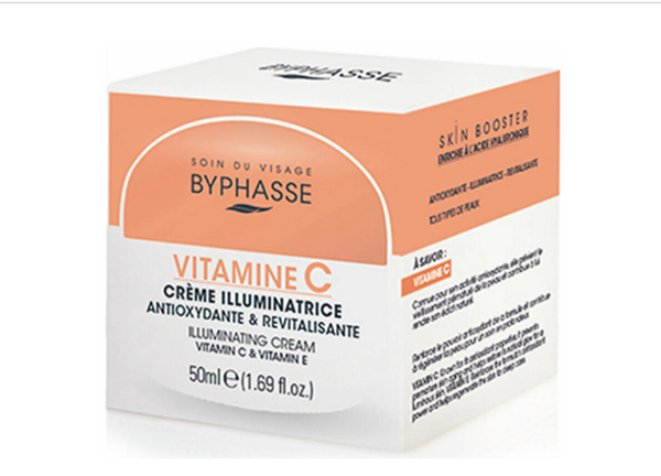 Crème visage Byphasse à la vitamine C pour un teint lumineux, texture douce et hydratante, visible dans l'image.