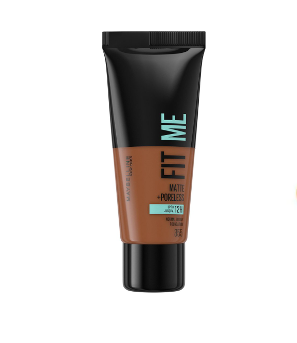 Fond de teint Maybelline Fit Me! matifiant et sans pores, 11 teintes, visible dans un flacon avec applicateur.