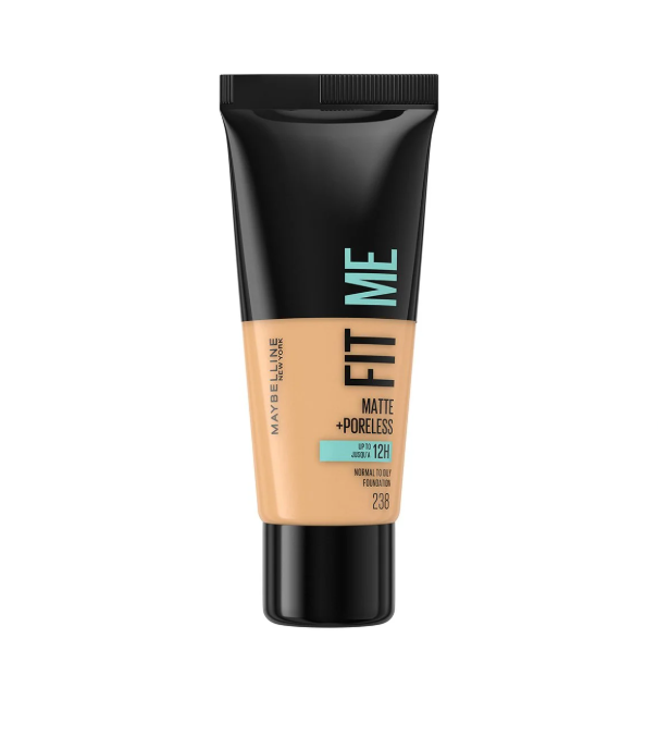 Fond de teint matifiant Maybelline Fit Me! sans pores, 11 teintes, appliqué sur le visage avec fini naturel et uniforme.