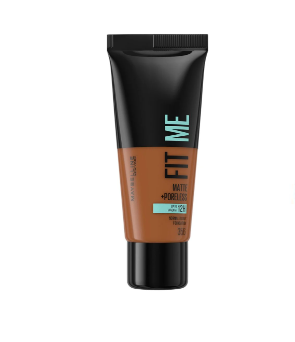 Fond de teint matifiant Maybelline New York Fit Me! sans pores, 11 teintes visibles, applicateur et texture fluide en image.