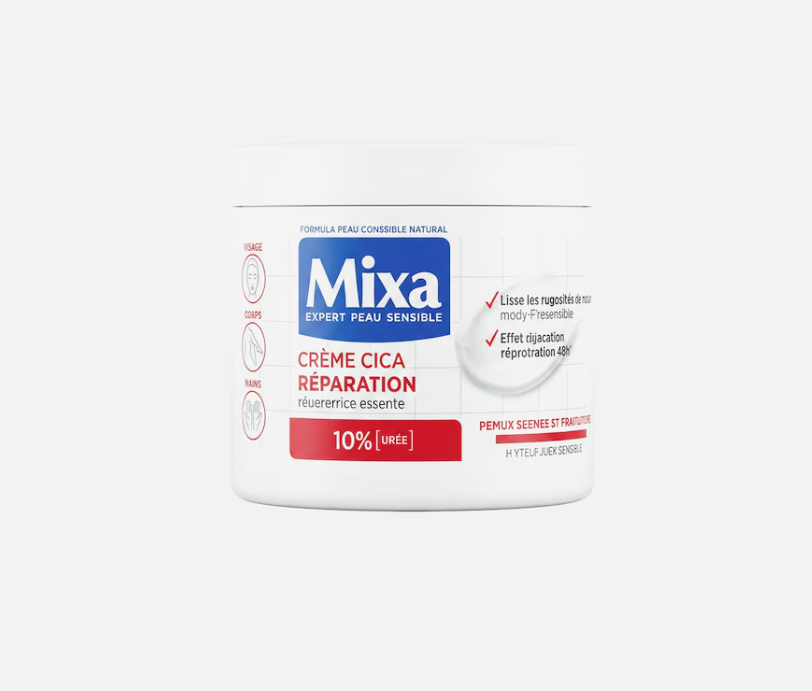 Crème Mixa Cica Réparation pour le visage, corps et mains, hydratation intense pour peaux très sèches et rugueuses.