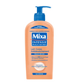 Lait pour le corps Mixa, 300 ml, hydratant et anti-dessèchement, bouteille blanche avec pompe, texture onctueuse visible
