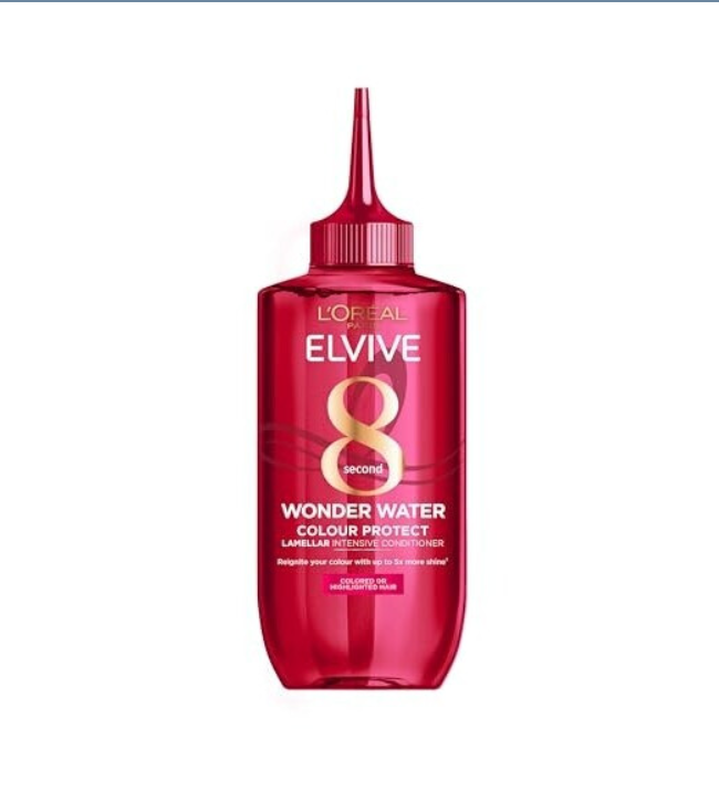 Soin capillaire L'Oréal Elvive Color Protect Wonder Water en flacon de 200 ml, liquide transparent pour protéger la couleur des cheveux
