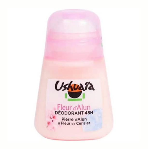 Déodorant Ushuaïa Fleur d'Alun 48H en spray de 50 ml, flacon blanc avec logo et étiquette florale.
