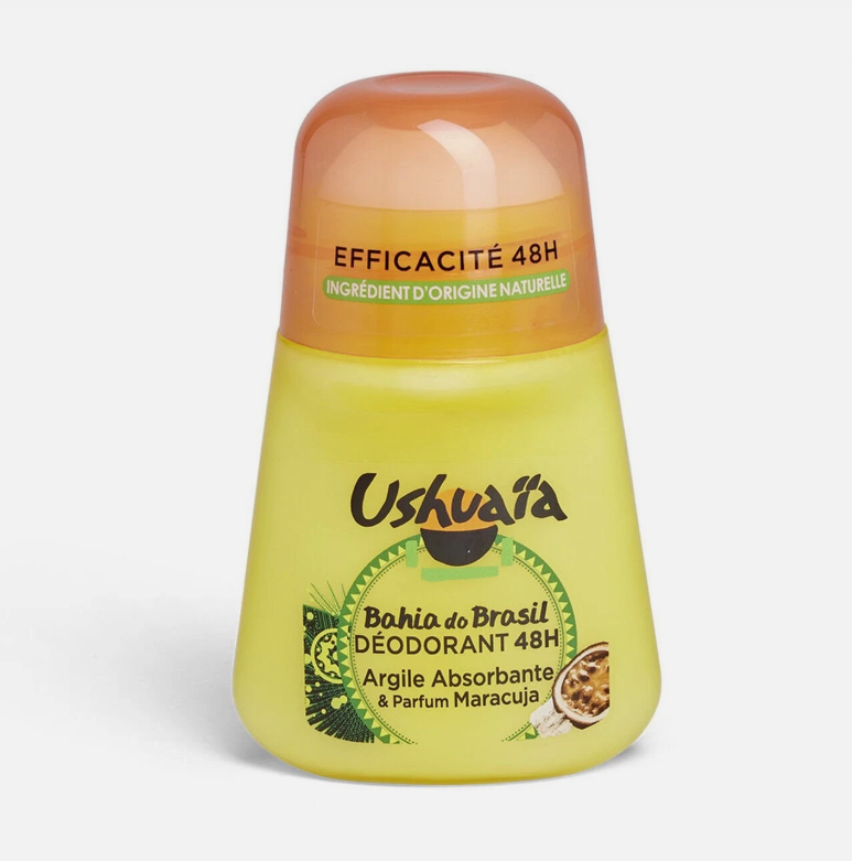Déodorant Ushuaïa Bahia do Brasil avec argile et maracuja, 48H de protection, bouteille en spray visible dans l'image.