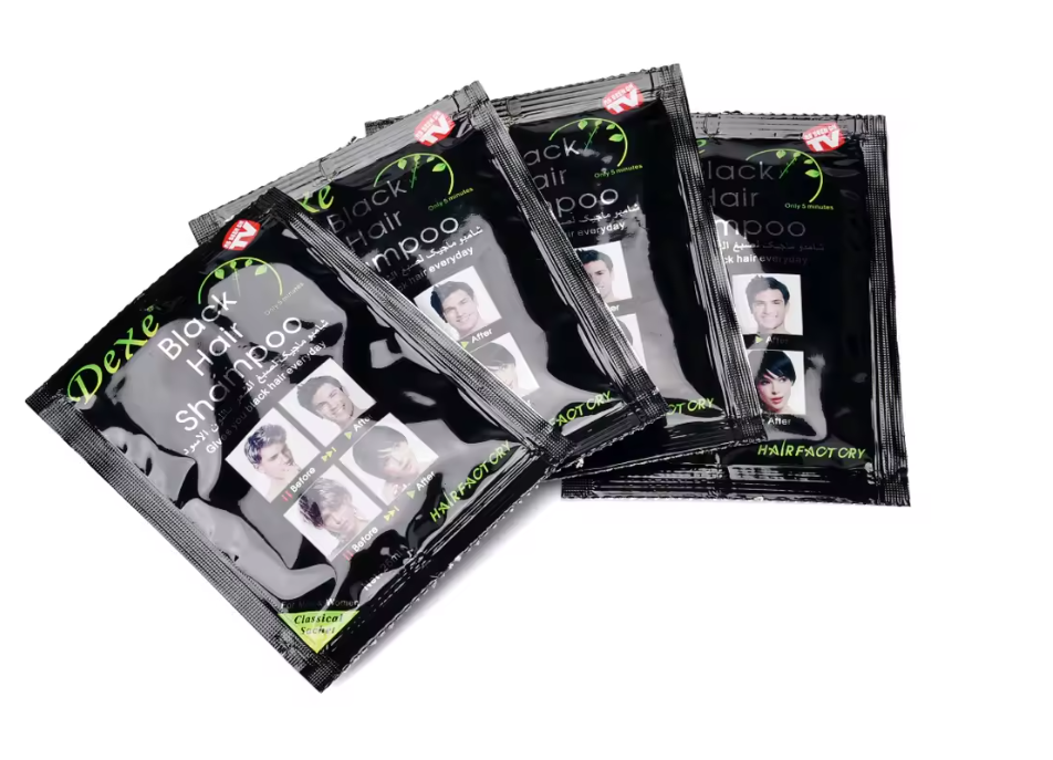 Shampoing colorant capillaire noir de Dexe, teinture rapide en 5 minutes, pour cheveux noirs, de la marque Bazars Cosmétiques.