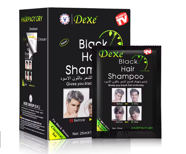 Shampoing coloration capillaire noir Dexe de BAZARS COSMETIQUES, teinture rapide en 5 minutes pour cheveux noirs.