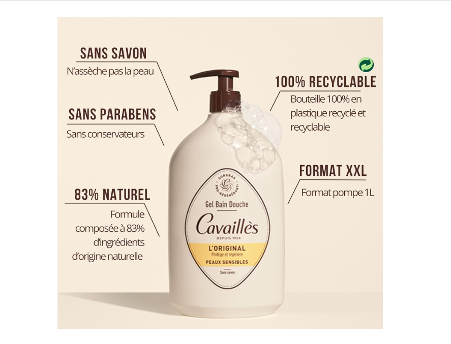 Gel douche Rogé Cavaillès L'Original, 1L, dans un flacon, avec une texture douce et parfumée, pour la peau quotidienne.