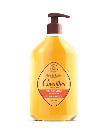 Huile de douche Rogé Cavaillès Veloutante pour peaux sèches ou très sèches, flacon avec pompe, texture huile dorée.