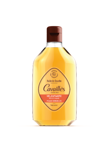 Huile de douche Rogé Cavaillès Veloutante pour peaux sèches à très sèches, flacon avec bouchon, texture riche et nourrissante