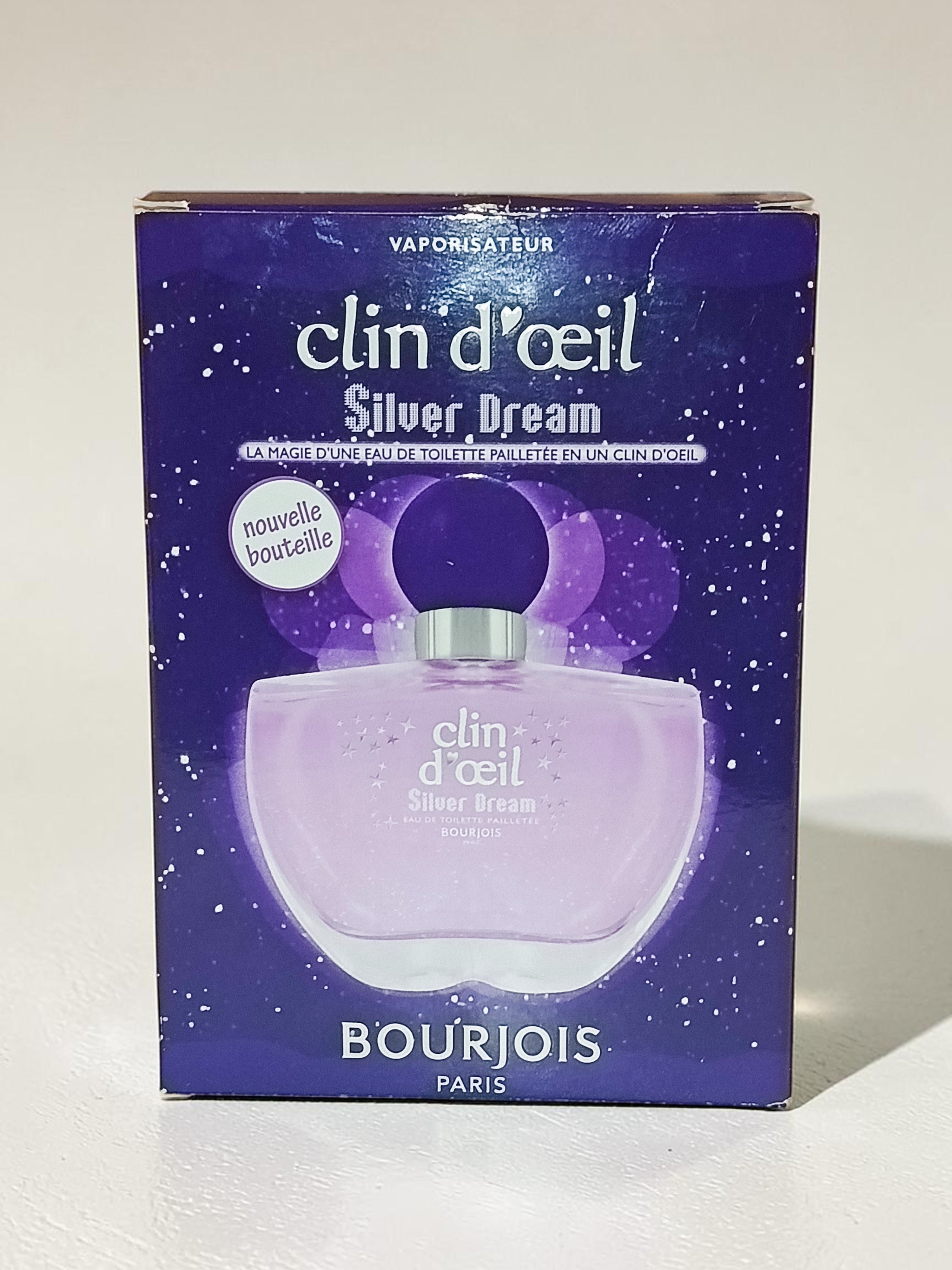Flacon d'Eau de Toilette Bourjois Paris CLIN D’ŒIL Silver Dream 75 ml pour femme, avec design élégant et spray.