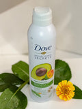 Déodorant Dove Nourishing Secrets à base d'avocat, spray de 190 ml, avec flacon blanc et capuchon bleu.